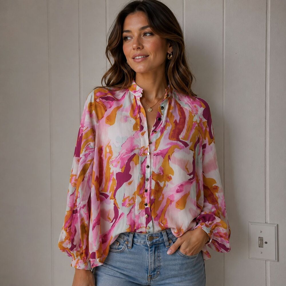 Women’s Pink Orange Watercolor Print Multicolor V-Neck Lantern Sleeve Lined Blou